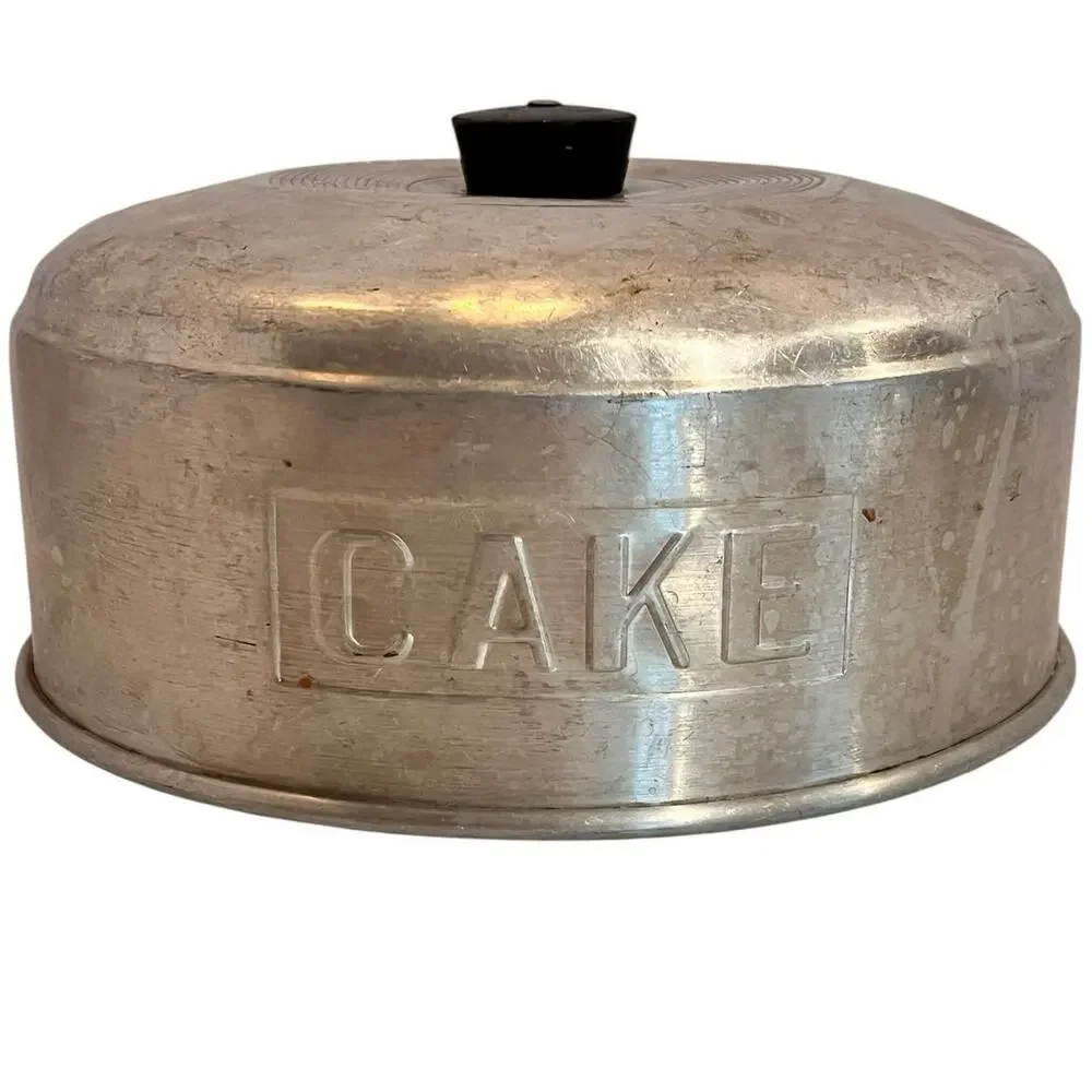 Aluminum Cake Carrier Dome Cover Embossed CAKE Black Knob Mid Century Vintage